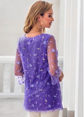 Purple tops,Plain Color tops,ROTITA Mesh Stitching Purple Embroidered 3/4 Sleeve Blouse