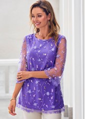 Purple tops,Plain Color tops,ROTITA Mesh Stitching Purple Embroidered 3/4 Sleeve Blouse