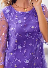 Purple tops,Plain Color tops,ROTITA Mesh Stitching Purple Embroidered 3/4 Sleeve Blouse