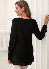 Black tops,Plain Color tops,ROTITA Black Asymmetric Hem Roll Tab Sleeve Blouse