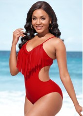Red swimwear,Plain Color swimwear,ROTITA Tassel Red Spaghetti Strap One Piece Swimwear