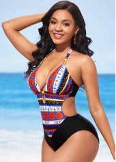 Multi Color swimwear,Tribal swimwear,ROTITA Tie Back Tribal Print Metal Pendant One Piece Swimwear