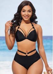 ROTITA Ensemble de bikini taille haute noir à licou et anneau en métal