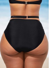 Black swimwear,Plain Color swimwear,ROTITA Black Halter Metal Ring Detail High Waisted Bikini Set