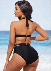 Black swimwear,Plain Color swimwear,ROTITA Black Halter Metal Ring Detail High Waisted Bikini Set