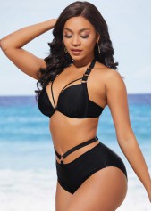 Black swimwear,Plain Color swimwear,ROTITA Black Halter Metal Ring Detail High Waisted Bikini Set