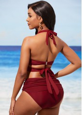 Wine Red swimwear,Plain Color swimwear,ROTITA Halter Wine Red Mid Waist Bikini Set