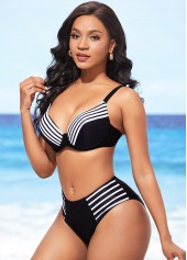 Multi Color swimwear,Striped swimwear,ROTITA Mid Waist Striped Spaghetti Strap Bikini Set