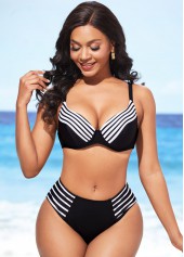 Multi Color swimwear,Striped swimwear,ROTITA Mid Waist Striped Spaghetti Strap Bikini Set