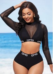 ROTITA Mesh Stitching Black Letter Print High Waisted Bikini Set