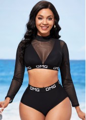 Black swimwear,Letter swimwear,ROTITA Mesh Stitching Black Letter Print High Waisted Bikini Set