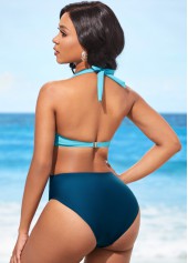 Peacock Blue swimwear,Contrast Color swimwear,ROTITA Tie Back Peacock Blue One Piece Swimwear