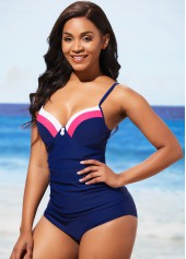 Navy swimwear,Contrast Color swimwear,ROTITA Decorative Button Contrast Stitch Navy Blue Tankini Set