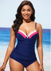 ROTITA Decorative Button Contrast Stitch Navy Blue Tankini Set