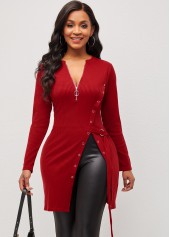 Red tops,Quarter Zip Red Grommet Side Slit Blouse