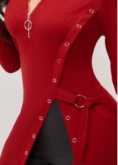 Red tops,Quarter Zip Red Grommet Side Slit Blouse