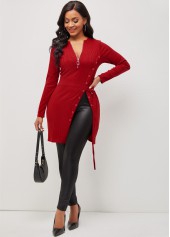 Quarter Zip Red Grommet Side Slit Blouse