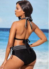 Black swimwear,Striped swimwear,ROTITA Black Tie Back Stripe Print Bikini Set