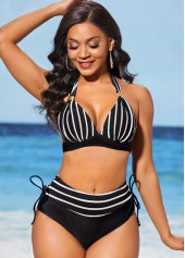 Black swimwear,Striped swimwear,ROTITA Black Tie Back Stripe Print Bikini Set