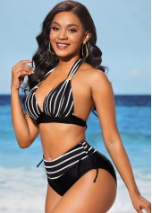 Black swimwear,Striped swimwear,ROTITA Black Tie Back Stripe Print Bikini Set