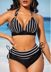 ROTITA Black Tie Back Stripe Print Bikini Set
