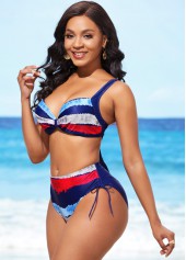 Rainbow Color swimwear,Floral swimwear,ROTITA Color Block Mid Waist Drawstring Side Bikini Set
