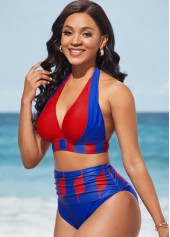 Royal Blue swimwear,Geometric swimwear,ROTITA Royal Blue Geometric Print High Waisted Bikini Set