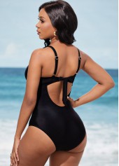 Black swimwear,Plain Color swimwear,ROTITA Black Mesh Stitching Tie Back One Piece Swimwear