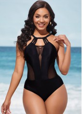 ROTITA Black Mesh Stitching Tie Back One Piece Swimwear