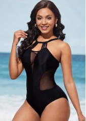 Black swimwear,Plain Color swimwear,ROTITA Black Mesh Stitching Tie Back One Piece Swimwear