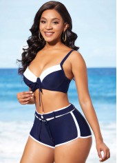Contrast Color swimwear,ROTITA Navy Blue Drawstring Front Mid Waist Bikini Set