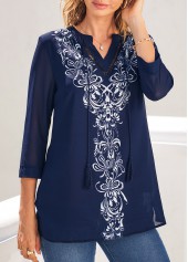 ROTITA Navy Blue Tribal Print Split Neck Blouse