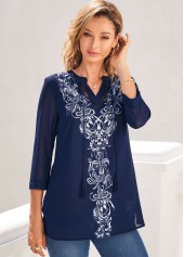 Navy tops,Tribal tops,ROTITA Navy Blue Tribal Print Split Neck Blouse