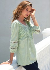 Light Green tops,Plain Color tops,ROTITA Lace Light Green Split Neck 3/4 Sleeve Blouse