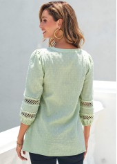 Light Green tops,Plain Color tops,ROTITA Lace Light Green Split Neck 3/4 Sleeve Blouse