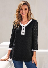 Black tops,Contrast Color tops,ROTITA Decorative Button Color Block 3/4 Sleeve Blouse