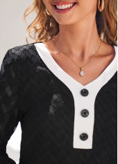 Black tops,Contrast Color tops,ROTITA Decorative Button Color Block 3/4 Sleeve Blouse