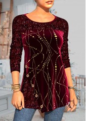 Wine Red tops,Contrast Color tops,ROTITA Velvet Stitching Wine Red Decorative Button Sequin T Shirt