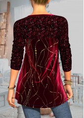 Wine Red tops,Contrast Color tops,ROTITA Velvet Stitching Wine Red Decorative Button Sequin T Shirt