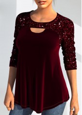 Wine Red plus size,Plain Color plus size,ROTITA Cut Out Wine Red Round Neck Long Sleeve Blouse