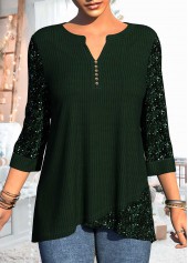 ROTITA Asymmetric Hem Sequin 3/4 Sleeve Dark Green T Shirt