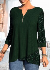 Blackish Green tops,Plain Color tops,ROTITA Asymmetric Hem Sequin 3/4 Sleeve Dark Green T Shirt