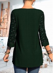 Blackish Green tops,Plain Color tops,ROTITA Asymmetric Hem Sequin 3/4 Sleeve Dark Green T Shirt