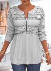ROTITA Sequin Grey Quarter Zip Lace Patchwork Sweatshirt