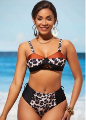 Multi Color swimwear,Letter swimwear,ROTITA High Waist Leopard Wide Strap Bikini Set