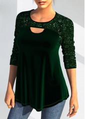 Green plus size,Plain Color plus size,ROTITA Cut Out Green Round Neck Long Sleeve Blouse