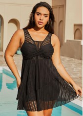 Black swimwear,Plain Color swimwear,ROTITA Black Wide Strap Lace Patchwork Swimdress Top