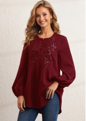 Wine Red tops,Plain Color tops,ROTITA Sequin Wine Red Crinkle Chest Blouse
