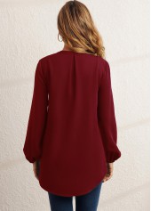 Wine Red tops,Plain Color tops,ROTITA Sequin Wine Red Crinkle Chest Blouse