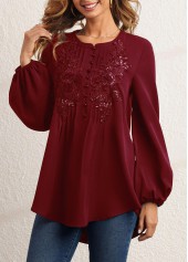 ROTITA Sequin Wine Red Crinkle Chest Blouse